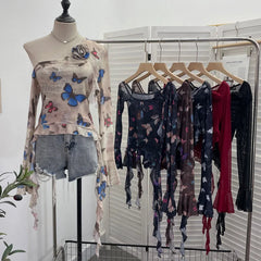 Pydshop Chic Retro Tie-Dye Slanted Shoulder Irregular Trumpet Long Sleeve T-Shirt For Women Sexy Mesh Flower Ribbon Top Elegant Outfits