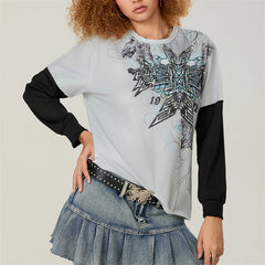 Pydshop Womens Y2k Fairy Grunge Printed Baggy Long Sleeve Top Aesthetic Goth Skeleton Crew Neck Shirt Tee Vintage Harajuku Streetwear