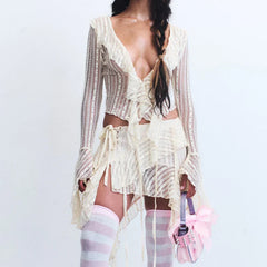 Pydshop Fairy Coquette Women Y2K Outfits Floral Lace Sheer 2 Piece Set Ruffles V Neck Flare Sleeve Crop Tops + Irregular Hem Mini Skirt