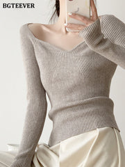 Pydshop Casual V-Neck Slim Ladies Pullovers Sweaters Long Sleeve Skinny Female Knitted Jumpers 2022 Spring Women Knitwear Tops