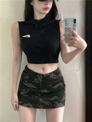 Pydshop Fashion Backless Hollow Out Hoodie T-shirts 2024 Summer New Sleeveless Tops Mujer Y2k Sexy Slim Fit Black Vest for Women