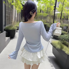 Pydshop Oversize Fake Two Piece Patchwork T-shirts Y2k Square Collar Slim Fit Tops Women 2024 Spring New Long Sleeve Blusas Mujer