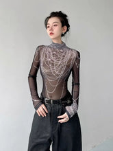 Pydshop 3D Pearl Print Half-high Collar T-shirts Spring New Slim Fit See Through Mesh Tees Y2k E-Girl Long Sleeve Bottoming Tops Women