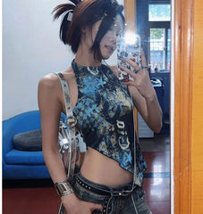 Pydshop American Street Print Sexy Halter Camisole Y2k E-Girl Irregular Slim Fit Crop Top Vest Women 2024 Summer New Sleeveless Tops