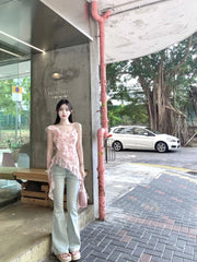 Pydshop Vintage Irregular Floral Camisole Tops 2024 Summer New Slim Fit Ruffles Tank Top Fashion Sexy Off Shoulder Vest for Women