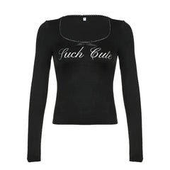 Pydshop 2024 Fashion Woman tops y2k style Black Bow Lace Trim Letter Printed Top