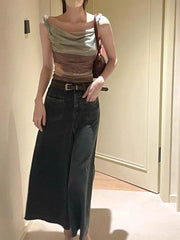 Pydshop Fashion Vintage Halo Dyeing Vest for Women Y2k E-Girl Mesh Irregular Camisole Tops 2024 Summer New Off Shoulder Tank Top