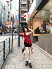 Pydshop Vintage Irregular Floral Camisole Tops 2024 Summer New Slim Fit Ruffles Tank Top Fashion Sexy Off Shoulder Vest for Women