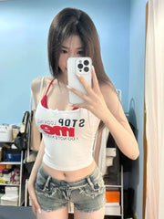 Pydshop American Sexy Print Vest for Women Fashion Slim Fit White Tank Top+ Red Halter Bottoming Camis 2024 Summe New Two Piece Sets