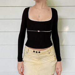Pydshop 2024 Fashion Woman tops y2k style Vintage Square Neck Lace Trim Top