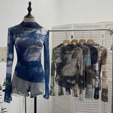 Pydshop Women's Retro Casual Bottom Long Sleeve T-Shirt Sexy Hollow Out Tie Dye Print Irregular Mesh Hot Girl Y2K Top Summer Party Shirt