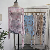 Pydshop Women Retro Ink Print Tie Dye See Through Mesh Long Sleeve Top Sexy One Shoulder Irregular Ruffled Top Y2k PartyClub StreetWear