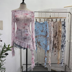 Pydshop Women Retro Ink Print Tie Dye See Through Mesh Long Sleeve Top Sexy One Shoulder Irregular Ruffled Top Y2k PartyClub StreetWear