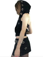 Pydshop Cross Hooded Zipper Backless Halterneck Millennium Y2k Punk Hot Girl Vest Short Gothic Slim Fit Versatile Short Sleeveless Top