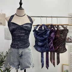 Pydshop Tie Dye Denim Print Pleated Mesh Camisole Women's Halter Tie Bow Halter Crop Top Cute Party Sweats Holiday Mini Vest Summer Tee