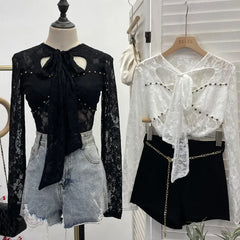 Pydshop Women's Retro Lace Ribbon Hollow Out Long Sleeve Top Sexy Slim Fitting Bottoming Shirt Y2K Palace Style Partyclub Streetwear