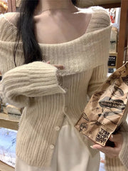 Pydshop Korean Gray Off Shoulder Knit Sweater Women Old Money Style Long Sleeve Jerseys Y2K Gyaru Slash Neck Basic Jumper Tops