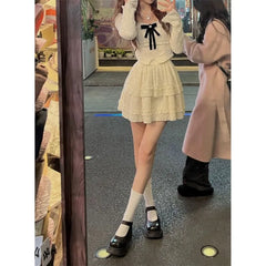 Pydshop Spring Summer New Two Piece Sets Elegant Velvet Lace Square Collar Slim Fit Tops Women+ Y2k High Waist Ruched A-line Skirts