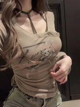 Pydshop 2024 Early Autumn New T-shirt for Women Y2k Irregular Slim Fit Long Sleeve Tops Mujer Cartoon Printed Sun Protection Tees