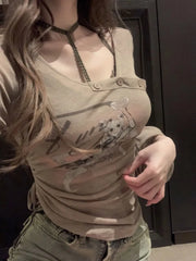 Pydshop 2024 Early Autumn New T-shirt for Women Y2k Irregular Slim Fit Long Sleeve Tops Mujer Cartoon Printed Sun Protection Tees