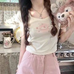 Pydshop 2024 Summer New O-neck Cotton T-shirts Kawaii Cat Print Sweet Fresh Slim Fit Tops Women Y2k E-Girl Short Sleeve Tee Shirt