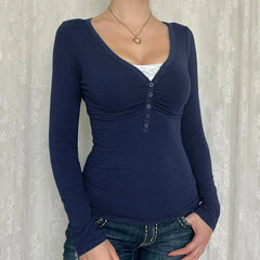 Pydshop 2024 Fashion Woman tops y2k style Vintage Lace Patched Slim Buttons Long Sleeve Top