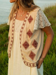 Pydshop Y2k Retro Quilted Boho Vest Women's Sleeveless Embroidered Linen Shirt Cardigan Vintage Crochet Floral Vest Tops Fashion New