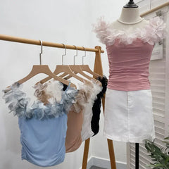 Pydshop Women's Retro Three Dimensional Floral One Shoulder Camisole Tube Top Sexy Pleated Mesh Short Slim Fit Sleeveless Top Outfits