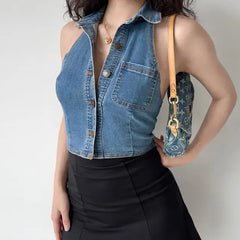 Pydshop Spring Outfit 2024 New Retro Sexy Style Tight-fitting Thin Casual Denim Vest Women's Solid Color Lapel Short Tank Top0505