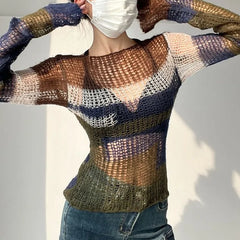 Pydshop 2024 Early Autumn New Sweaters Mujer Vintsge Street Sexy Striped Knitted Pullover Y2k Hollow Out Long Sleeve Tops Women