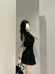 Pydshop Fashion Off Shoulder Sleeveless Halter Black Tops Women+ Y2k E-Girl High Waist Ruched Skirts 2024 Summer New Two Piece Sets