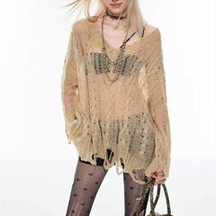 Pydshop American Street Hole Hollow Out Sweaters Fashion Sexy Off Shoulder Knitted Tops 2024 New Long Sleeve Loose Pullover Mujer