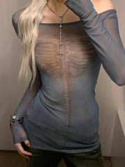Pydshop Fashion Print Slash Neck Bottoming Tops Women Y2k E-Girl Mesh Long Sleeve T-shirts 2024 Summer New Slim Fit Tee Shirts