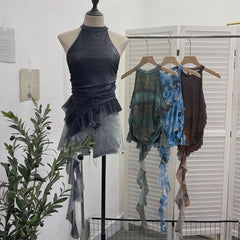Pydshop Women Retro Mesh Half Turtle Collar Ruffled Ribbon Tank Top Sexy Hot Girl Tie Dye Printed Sleeveless Cropped Top Streetwear 9969