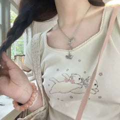 Pydshop 2024 Summer New O-neck Cotton T-shirts Kawaii Cat Print Sweet Fresh Slim Fit Tops Women Y2k E-Girl Short Sleeve Tee Shirt