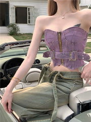 Pydshop Spring Outfit Korean style Fashion Sweet Sexy Retro Version Denim Strapless Tank Top for Summer Women Vests Skinny Crops Top