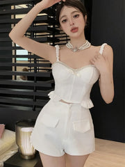 Pydshop Hotsweet Small Fragrant Two Piece Set Women Pearl Beading Sexy Sling Crop Top + High Waist Short Sets Summer 2 Piece Pant Sets