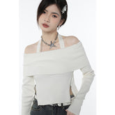 Graduation Gift White Women's Clothes French Vintage Zipper Design Mature Knitting Slim Fit Knitting Slash Neck Long Sleeves Sexy Tops Pullover