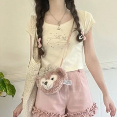 Pydshop 2024 Summer New O-neck Cotton T-shirts Kawaii Cat Print Sweet Fresh Slim Fit Tops Women Y2k E-Girl Short Sleeve Tee Shirt