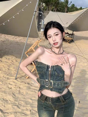 Pydshop Spring Outfit Korean style Fashion Sweet Sexy Retro Version Denim Strapless Tank Top for Summer Women Vests Skinny Crops Top