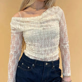 Pydshop Women Autumn Off Shoulder Long Sleeve T Shirts Lace Floral See Through Boat Neck Shirts Spring Casual Slim Fit Tops Streetwear