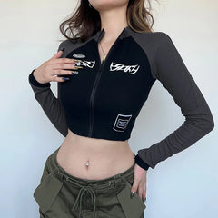 Pydshop Women Autumn Y2k Skinny Long Sleeve Crop Top Harajuku Patchwork Letter Printed Bodycon T-shirts Zip Up Sporty Chic Tee Shirts