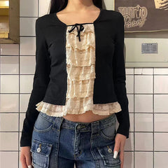 Pydshop 2024 Fashion Woman tops y2k style Vintage Lace Patchwork Slim Ruffles Tie-Up Top
