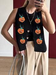 Pydshop Halloween Sweater Vest for Women Vintage Embroidered Pumpkin Face Button Crochet Tank Y2K Spooky Knit Vest Tops