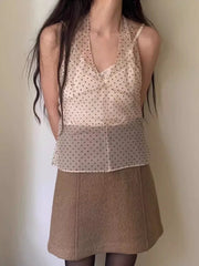 Pydshop 2024 Summer New See Through Mesh Tank Top Black Wave Point Lace Up Camisole Vest Y2k E-Girl Sleeveless Halter Tops Women