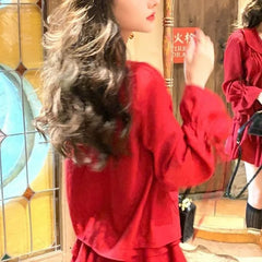 Pydshop Elegant V-neck Ruffles Long Sleeve Tops Women+ Y2k E-Girl High Waist Ruched A-line Skirts Spring New Red Two Piece Sets