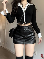 Pydshop Simple Fake Two Piece Lapel Neck Long Sleeve Tops Women+ Y2k High Waist Pu Black Leather Skirts 2024 Spring New Sets