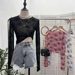 Pydshop Spider Print Mesh See Through Bottoming Long Sleeve T-shirt Dark Hot Girl Slim Short Top y2k PartyClub Wear Daily Essential9908