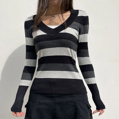 Pydshop 2024 Fashion Woman tops y2k style Vintage V Neck Stripe Long Sleeves Sweater