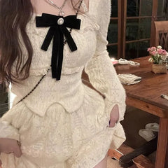 Pydshop Spring Summer New Two Piece Sets Elegant Velvet Lace Square Collar Slim Fit Tops Women+ Y2k High Waist Ruched A-line Skirts